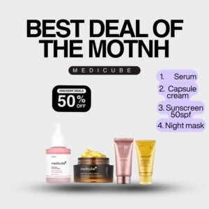 Medicube Serum, Medicube Vitamin C Capsule Crream, Medicube Sunscreen, Medicube Night Mask.